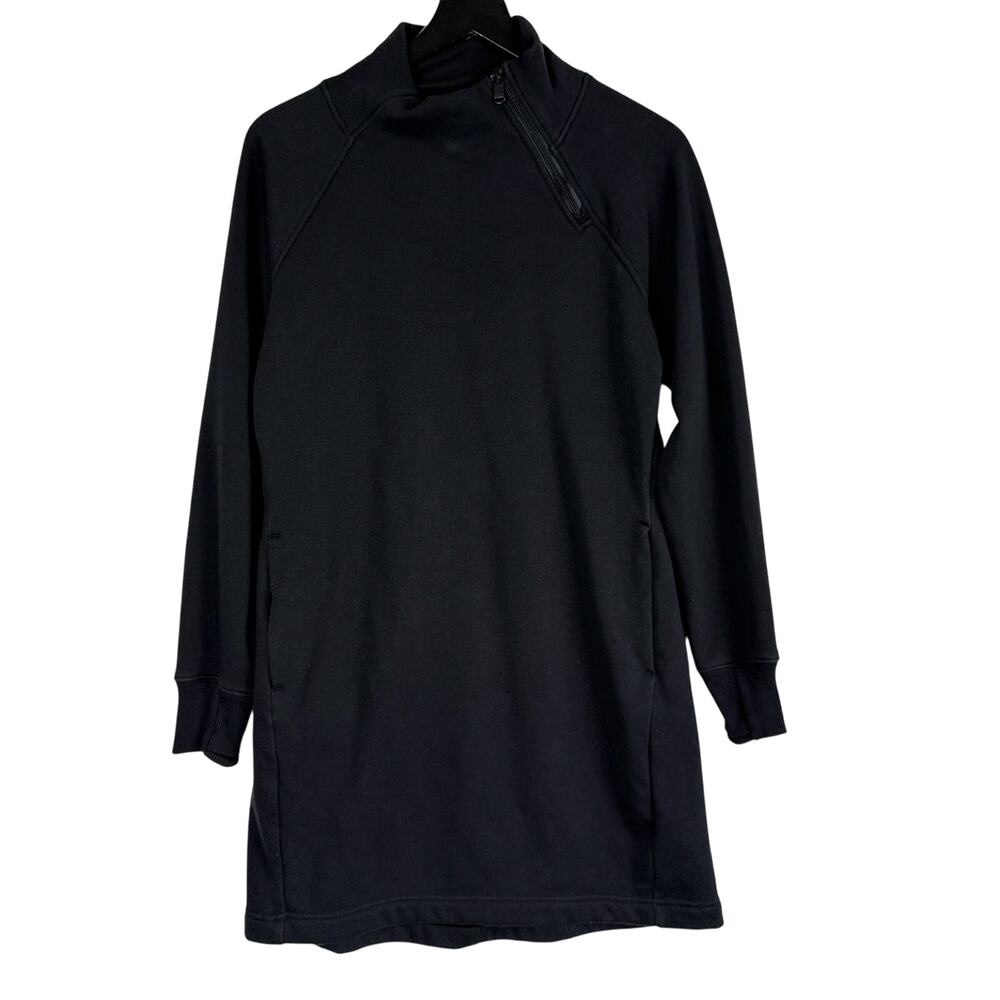 Athleta Cozy Karma Sweatshirt Dress Fleece Mini Mock Zipper Neck Black - S